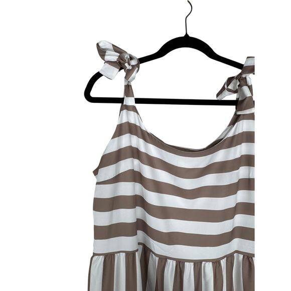 Brown White Striped Maxi Dress XL Tie Shoulder Tiered Summer Sundress - Picture 9 of 10